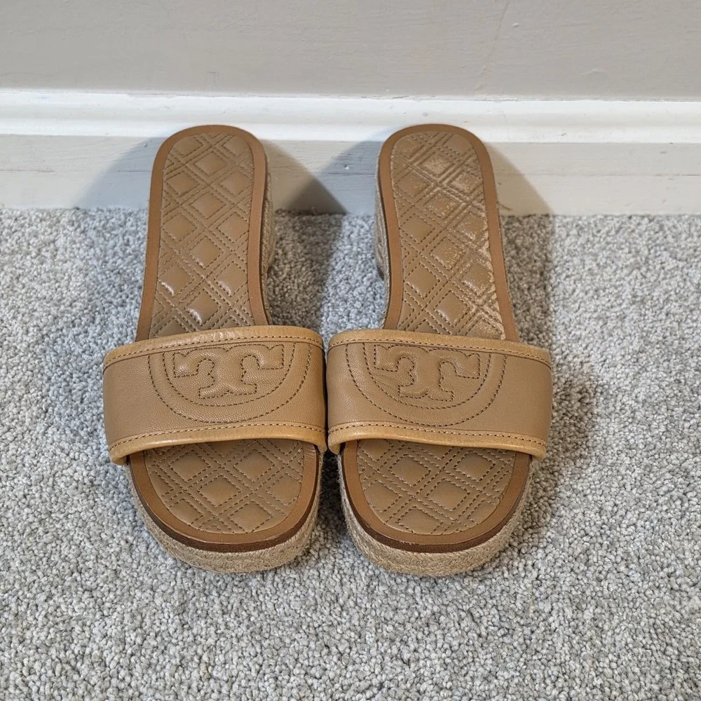 Tory Burch Fleming Espadrille Tan Leather Logo Slides Sandals Womens Size 7.5